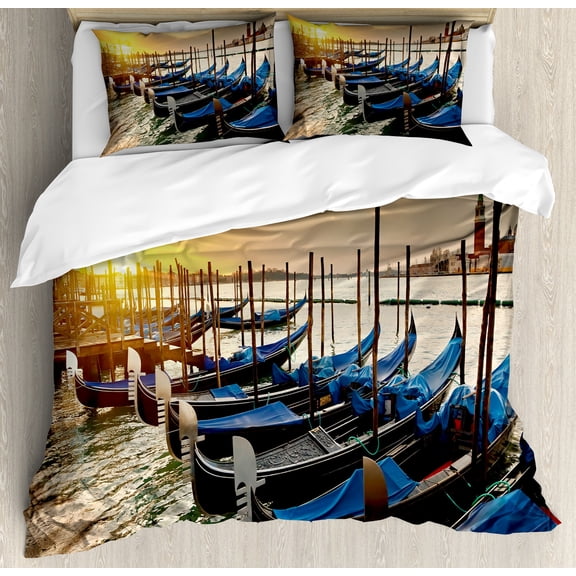 Ambesonne Venice Duvet Cover Sets, Gondolas Line on Water, 2-King, Blue Yellow