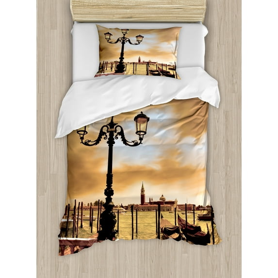 Ambesonne Venice Duvet Cover Sets, Lagoon Boats Saint Mark, 2-Twin, Pale Brown Black