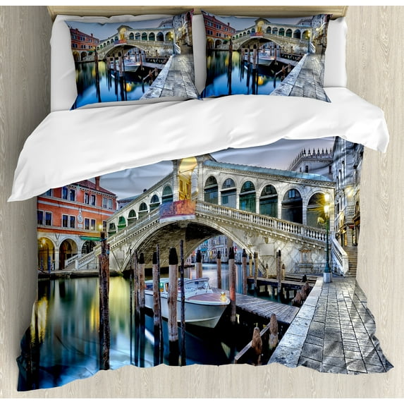Ambesonne Venice Duvet Cover Sets, Morning Twilight Urban, 2-King, Grey Blue Cinnamon