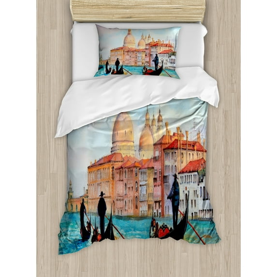 Ambesonne Venice Duvet Cover Sets, Watercolor Serene City, 2-Twin, Peach Pale Blue Red