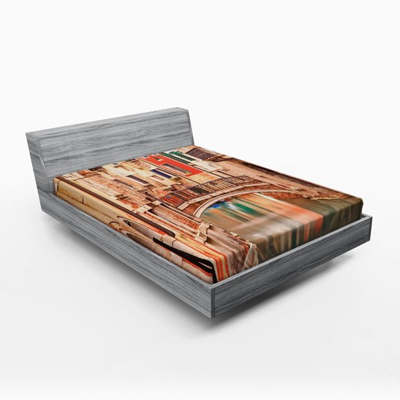 Ambesonne Venice Fitted Sheet, Old Town Stone Bridge, Full Size, Sand Brown Brown Red