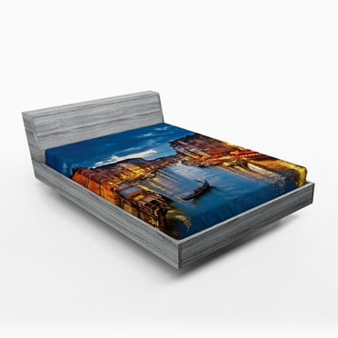 Ambesonne Venice Fitted Sheet, View on Grand Canal Rialto, Queen Size, Indigo and Yellow