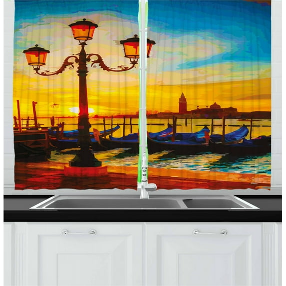 Ambesonne Venice Kitchen Curtains, Antique Watercolor Gondolas, 55"x45", Orange Yellow and Blue