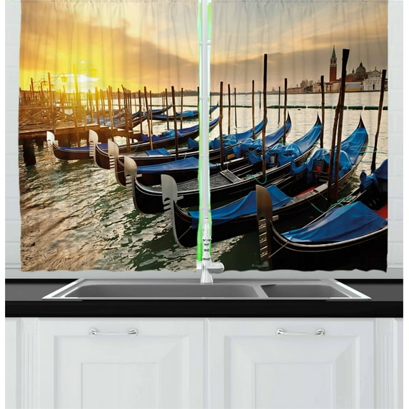 Ambesonne Venice Kitchen Curtains, Gondolas Line on Water, 55"x39", Blue Yellow