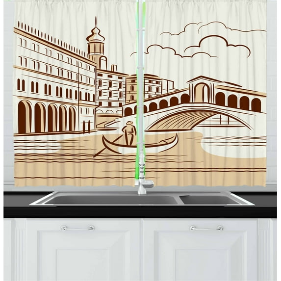 Ambesonne Venice Kitchen Curtains, Venetian Landscape Art, 55"x39", Burgundy Cream