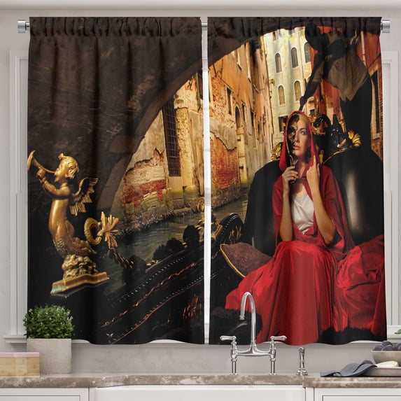 Ambesonne Venice Kitchen Curtains, Woman in Red Cloak, 55"x45", Red Black Pale Brown