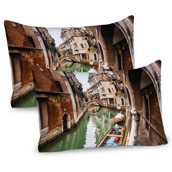 Ambesonne Venice Pillow Sham 2 Pack, Famous Water Canal Boats, 30"x20", Cinnamon Jade Green