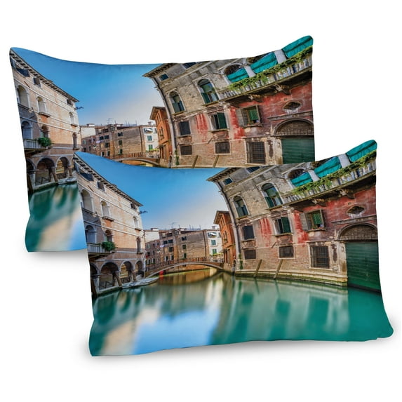 Ambesonne Venice Pillow Sham 2 Pack, Italy City Water Canal, 26"x20", Teal Grey Red