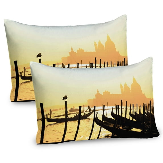 Ambesonne Venice Pillow Sham 2 Pack, Romantic City at Sunrise, 36"x20", Mustard and Black
