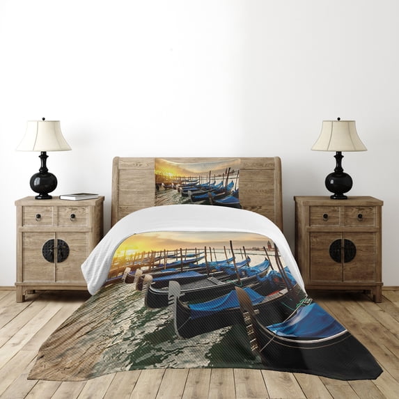 Ambesonne Venice Quilted Bedspread Set 2 Pcs, Gondolas Line on Water, Twin Size, Blue Yellow