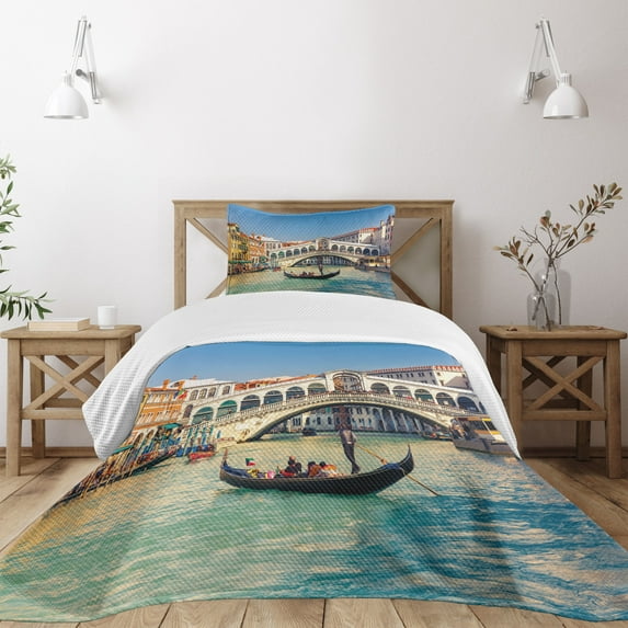 Ambesonne Venice Quilted Bedspread Set 2 Pcs, Sunny Day in City Travel, Twin Size, Multicolor