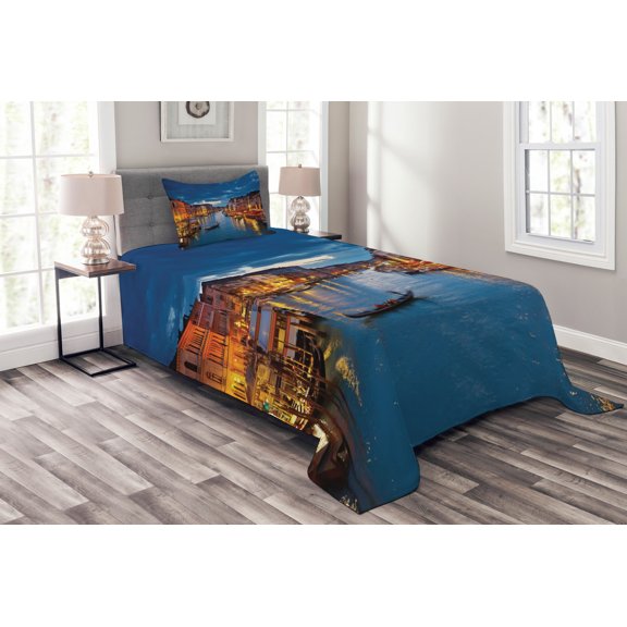 Ambesonne Venice Quilted Bedspread Set 2 Pcs, View on Grand Canal Rialto, Twin Size, Indigo and Yellow