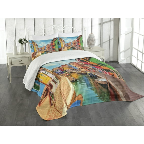 Ambesonne Venice Quilted Bedspread Set 3 Pcs, Colorful Buildings Boats, King Size, Multicolor