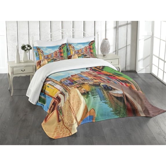 Ambesonne Venice Quilted Bedspread Set 3 Pcs, Colorful Buildings Boats, Queen Size, Multicolor