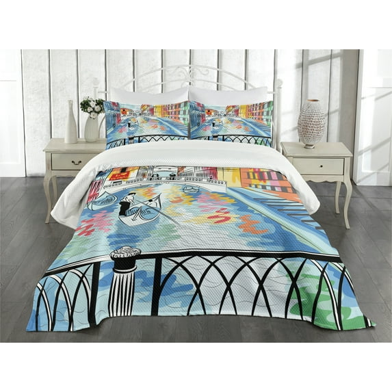 Ambesonne Venice Quilted Bedspread Set 3 Pcs, Colorful Sketch Bridge, King Size, Multicolor