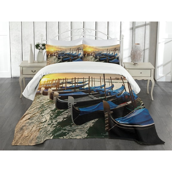 Ambesonne Venice Quilted Bedspread Set 3 Pcs, Gondolas Line on Water, King Size, Blue Yellow