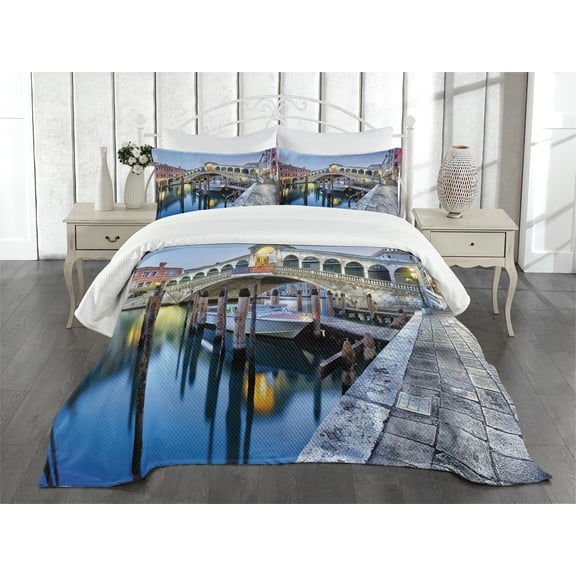 Ambesonne Venice Quilted Bedspread Set 3 Pcs, Morning Twilight Urban, King Size, Grey Blue Cinnamon