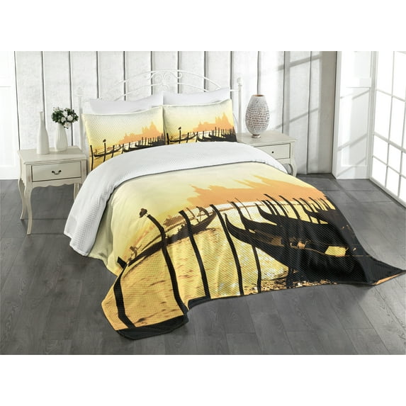 Ambesonne Venice Quilted Bedspread Set 3 Pcs, Romantic City at Sunrise, Queen Size, Mustard and Black