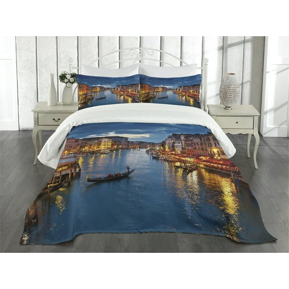Ambesonne Venice Quilted Bedspread Set 3 Pcs, View on Grand Canal Rialto, Queen Size, Indigo and Yellow