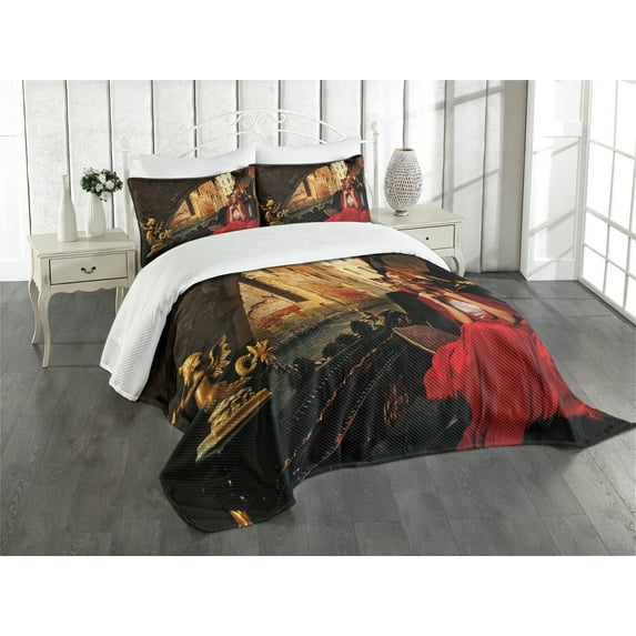 Ambesonne Venice Quilted Bedspread Set 3 Pcs, Woman in Red Cloak, King Size, Red Black Pale Brown