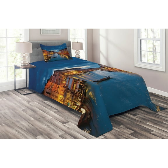 Ambesonne Venice Quilted Coverlet 2 Pcs, View on Grand Canal Rialto, Twin Size, Indigo and Yellow