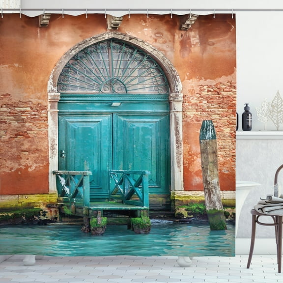 Ambesonne Venice Shower Curtain, Building Door, 69"Wx75"L, Cinnamon Sky Blue