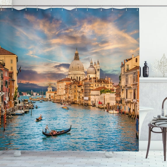 Ambesonne Venice Shower Curtain, Canal Grande Italy Image, 69"Wx70"L, Sky Blue Champagne