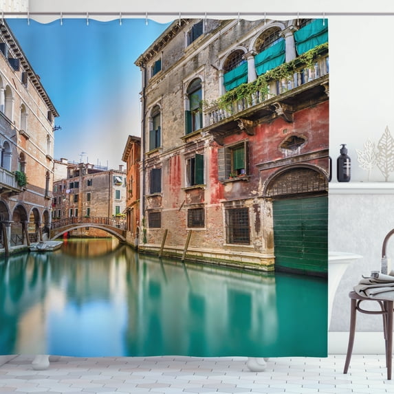 Ambesonne Venice Shower Curtain, Italy City Water Canal, 69"Wx70"L, Teal Grey Red
