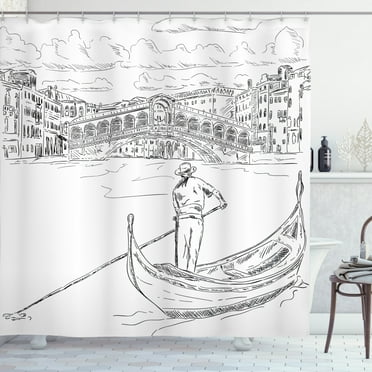 Ambesonne Venice Shower Curtain, Rialto Bridge Gondola, 69"Wx70"L, Black White