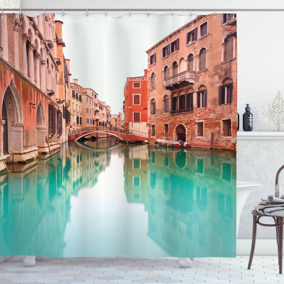 Ambesonne Venice Shower Curtain, Water Canal Bridge Boat, 69"Wx75"L, Turquoise Cinnamon