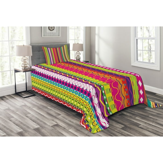 Ambesonne Verctical Quilted Bedspread Set 2 Pcs, Vintage Forms, Twin Size, Multicolor