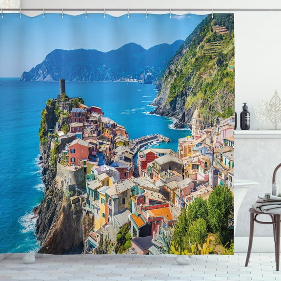 Ambesonne Vernazza Shower Curtain, Italy Houses Cliff and Sea, 69"Wx70"L, Multicolor