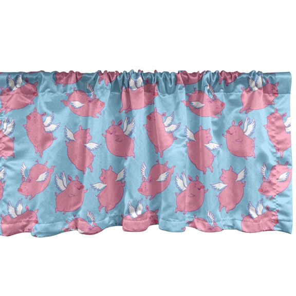 Ambesonne Vibrant Window Valance, Cartoon Piglets Wings, 54" X 12", Pale Pink Pale Blue
