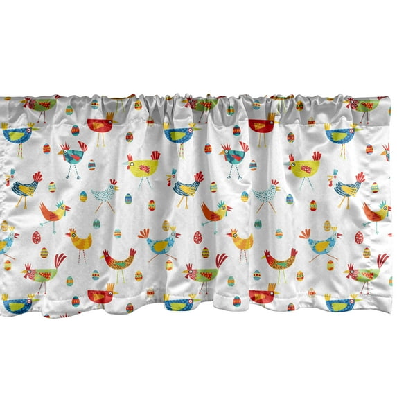 Ambesonne Vibrant Window Valance, Colorful Chickens and Eggs, 54" X 12", Yellow Green Sky Blue
