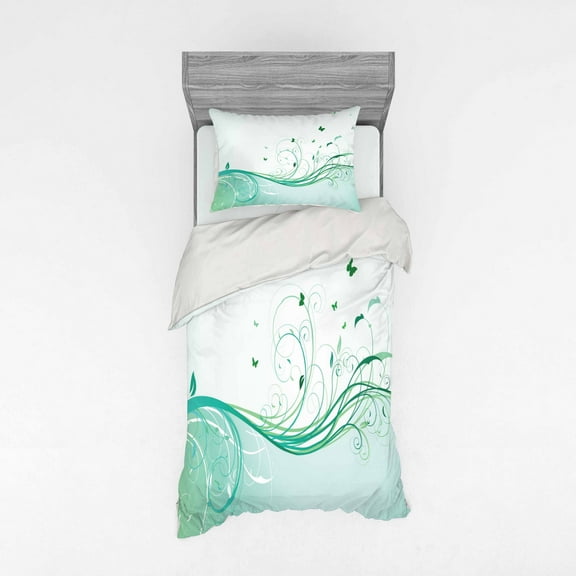 Ambesonne Victorian Bedding Set 3 Pcs, Curvy Lines Wave Flowers, Twin XL, Pale Green Mint Green
