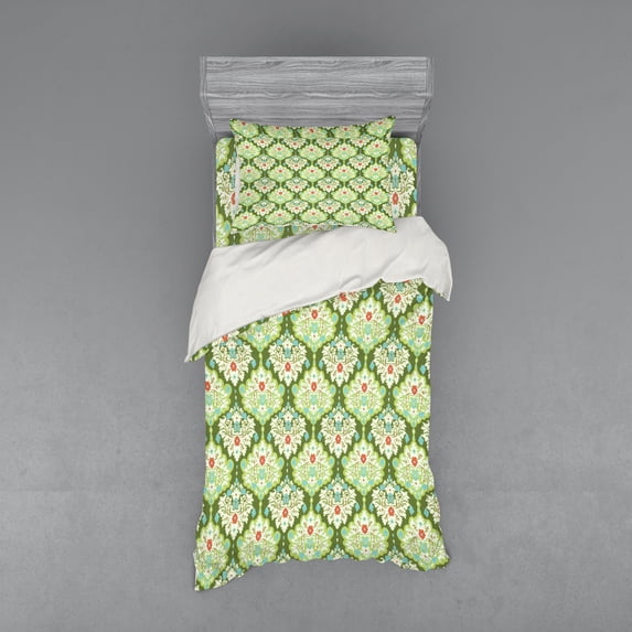 Ambesonne Victorian Bedding Set 3 Pcs, Floral Damask Baroque, Twin, Green Mint