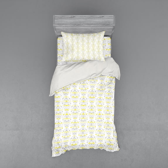Ambesonne Victorian Bedding Set 3 Pcs, Flowers Leaf Swirl, Twin, Pale Grey and Marigold