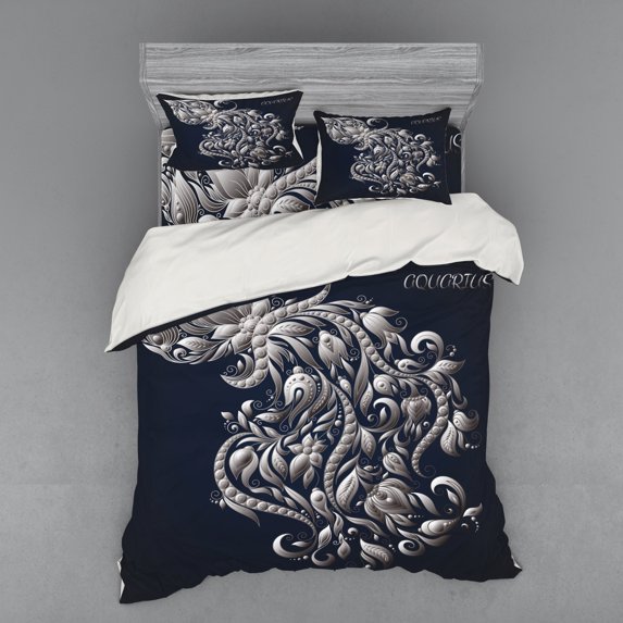Ambesonne Victorian Bedding Set 4 Pcs, Aquarius Astrology, Queen, Blue Grey