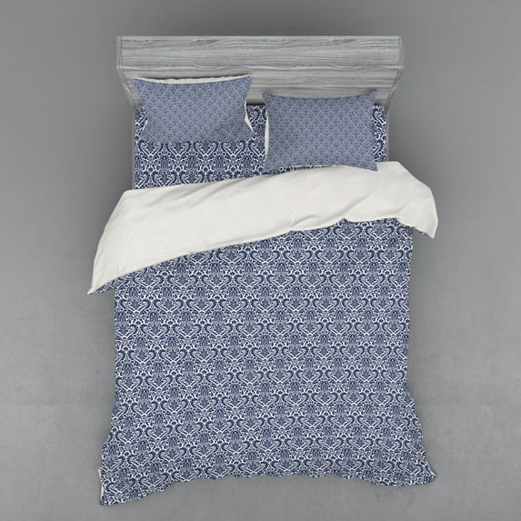 Ambesonne Victorian Bedding Set 4 Pcs, Baroque Damask Motif Art, Queen, Indigo and White