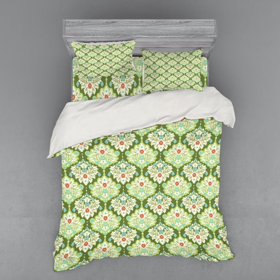 Ambesonne Victorian Bedding Set 4 Pcs, Floral Damask Baroque, Queen, Green Mint