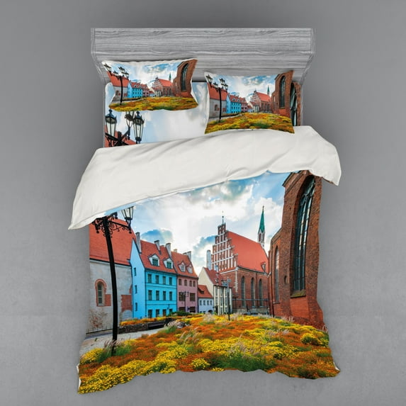 Ambesonne Victorian Bedding Set 4 Pcs, Old City Riga Latvia, Queen, Multicolor