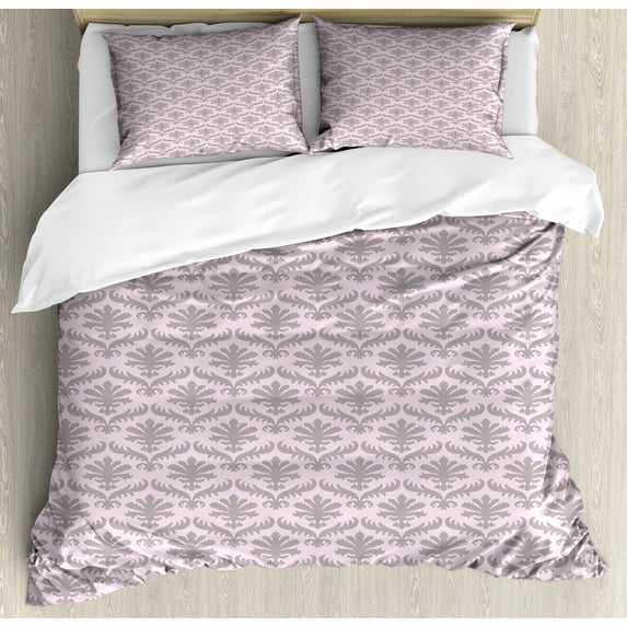 Ambesonne Victorian Duvet Cover Set, Nostalgic Leafy Motif Art, 2-Calking, Grey Pink and Pale Mauve