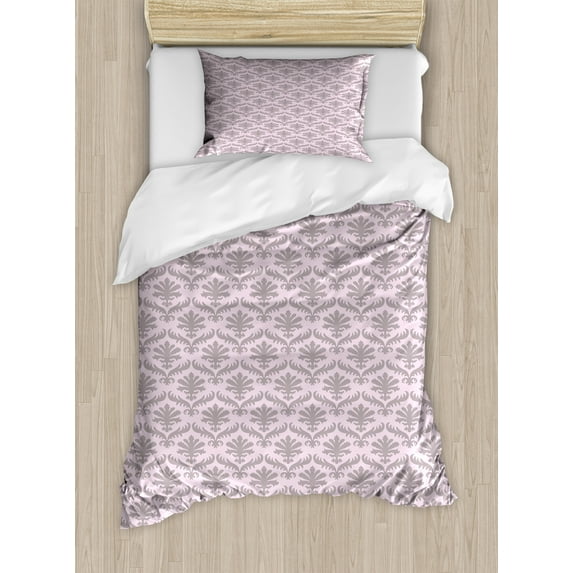 Ambesonne Victorian Duvet Cover Set, Nostalgic Leafy Motif Art, Twin, Grey Pink and Pale Mauve