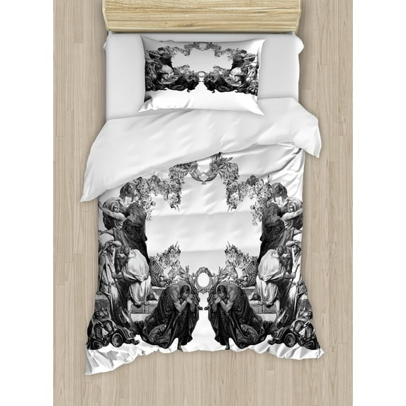 Ambesonne Victorian Duvet Cover Sets, Antique Floral Arch, 2-Twin, Black White