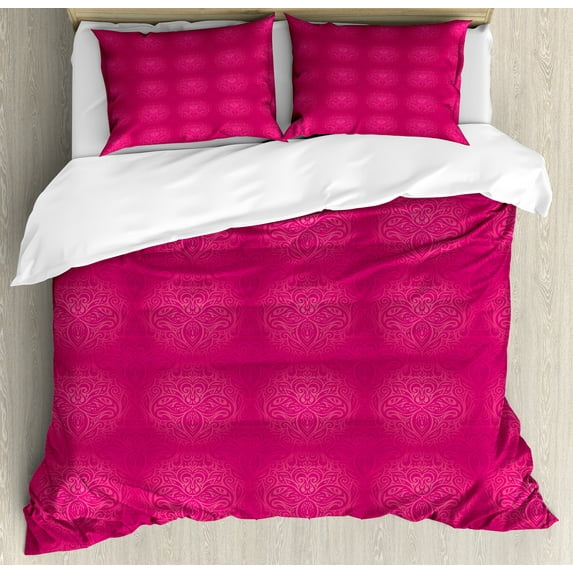 Ambesonne Victorian Duvet Cover Sets, Monotone Floral Swirls, 2-Queen, Magenta Hot Pink