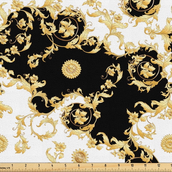 Ambesonne Victorian Fabric by the Yard Upholstery, Baroque Curlicue Floral, 10 Yards, Mustard Black and White