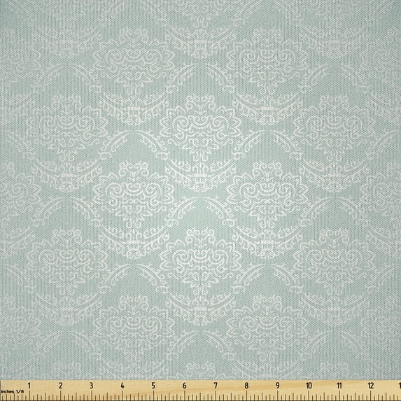Ambesonne Victorian Fabric by the Yard Microfiber, Baroque Foliage Motifs, 2 Yards, Almond Green and White