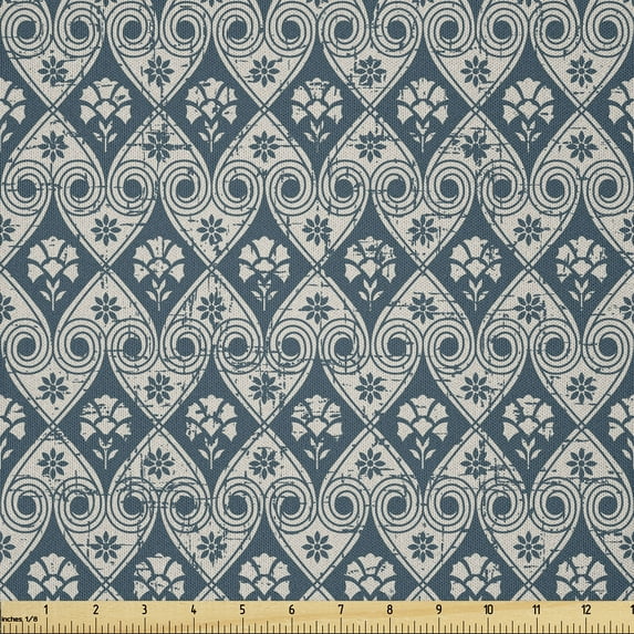Ambesonne Victorian Fabric by the Yard Microfiber, Baroque Nostalgia Floral, 10 Yards, Blue Grey and Tan