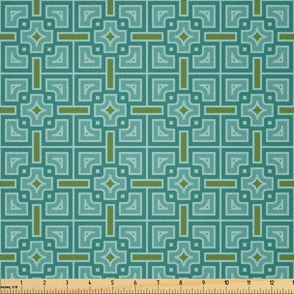Ambesonne Victorian Fabric by the Yard Microfiber, Mosaic Azulejo Effects, 2 Yards, Turquoise Fern Green