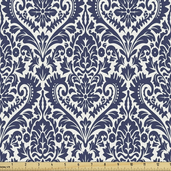 Ambesonne Victorian Fabric by the Yard Upholstery, Baroque Damask Motif Art, 10 Yards, Indigo and White